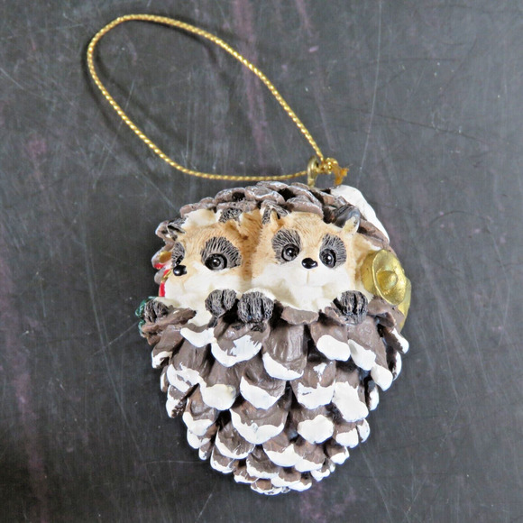 Vintage Woodland Pinecone Ornament Raccoon and Rabbit Bunny Babies Lot of 2 - Picture 3 of 9